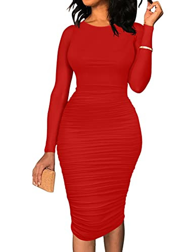 BEAGIMEG Women's Ruched Long Sleeve Elegant Bodycon Basic Casual Midi Dress Red | Amazon (US)