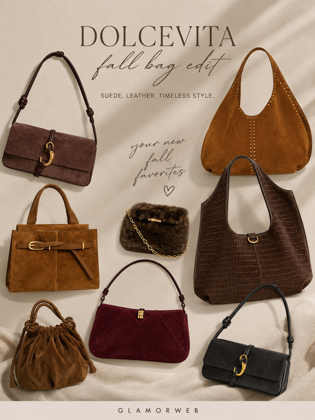 🍂 Fall bag season is officially here! I'm loving all the cozy textures and rich colors this year. From buttery leather bags and luxe suede styles to classic black handbags and the prettiest cherry red statement bags, these are the ones you'll wear on repeat all fall. They seriously make every outfit look so chic. 🤎❤️🖤

#DolceVita #DolceVitaStyle #FallBagEdit #FallBags #BrownHandbag #SuedeBag #LeatherBag #CherryRedBag #BlackHandbag #FallFashion #AutumnStyle #EverydayStyle #HandbagGoals #BagObsessed #NeutralStyle #QuietLuxury #OldMoneyStyle #StreetStyle #FashionFinds #CapsuleWardrobe #FallOOTD #SweaterWeather #WeekendStyle #StyleInspo #FashionInspo #LTKStyle #LTKFashion #LTKFinds #LTKFall #FallAccessories #ClosetEssentials #BagCollection #TrendingNow #CozySeason #MustHaveBag #DailyStyle #ClassicStyle #MinimalStyle #DesignerInspired #Fall2026 

 #LTKSeasonal #LTKU #LTKSaleAlert