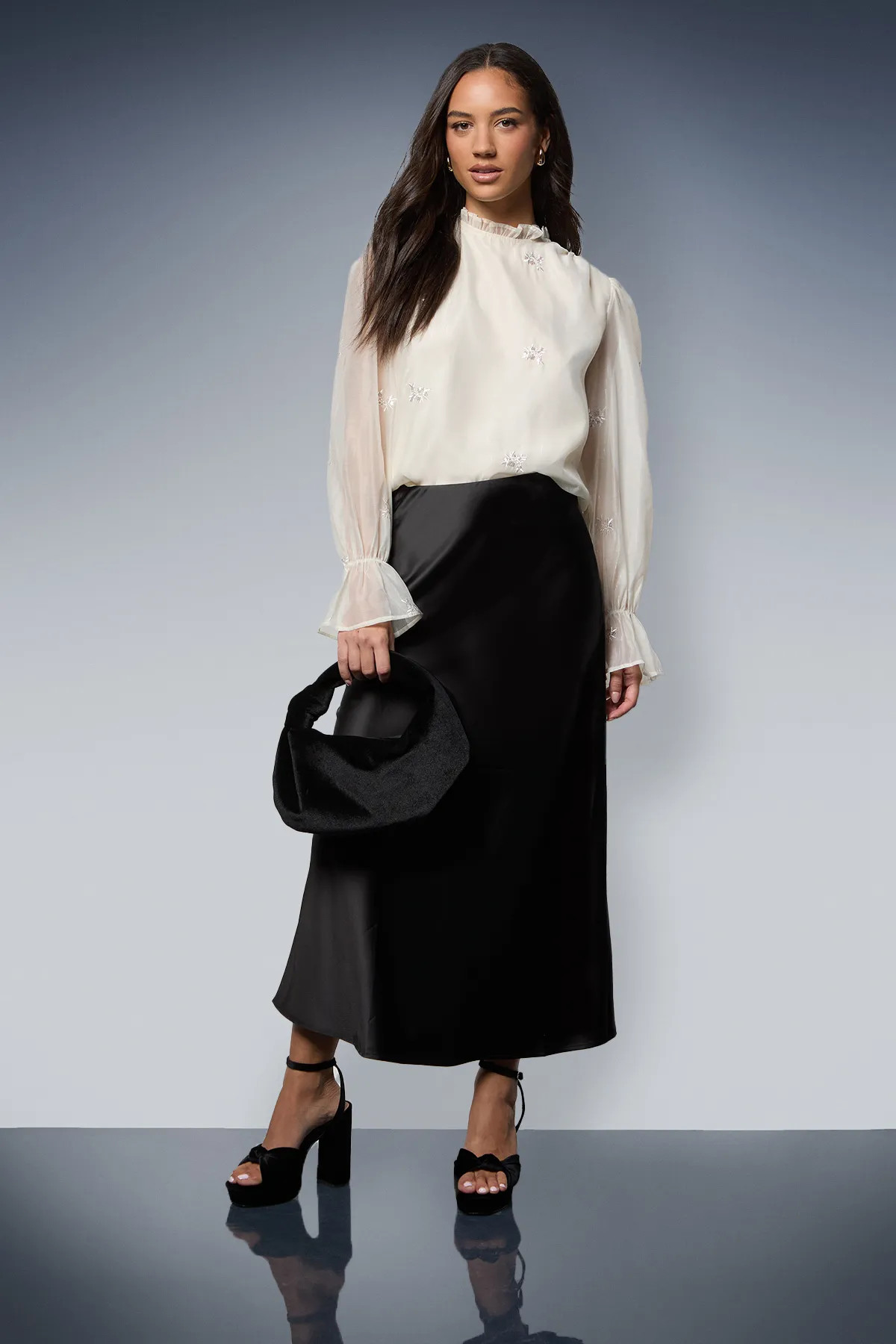 Sequin Floral Embroidered Frill Neck Blouse | boohoo (US & Canada)