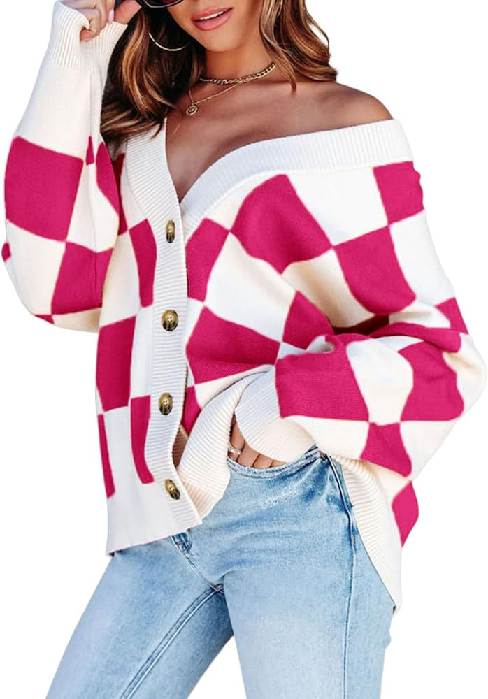 Dokotoo Womens Plaid V Neck Button Down Long Sleeve Cable Knit Oversized Cardigan Sweaters Tops | Amazon (US)