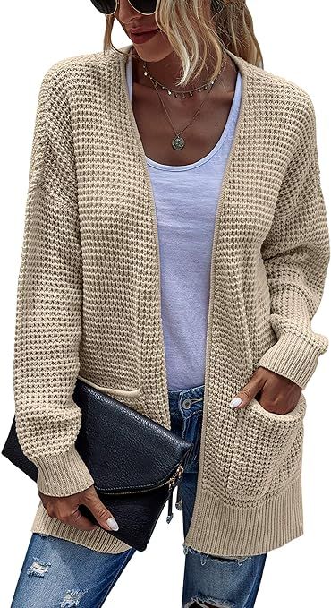 Hibluco Women's Open Front Knit Sweater Casual Long Sleeve Knit Classic Sweaters Cardigan with Po... | Amazon (US)