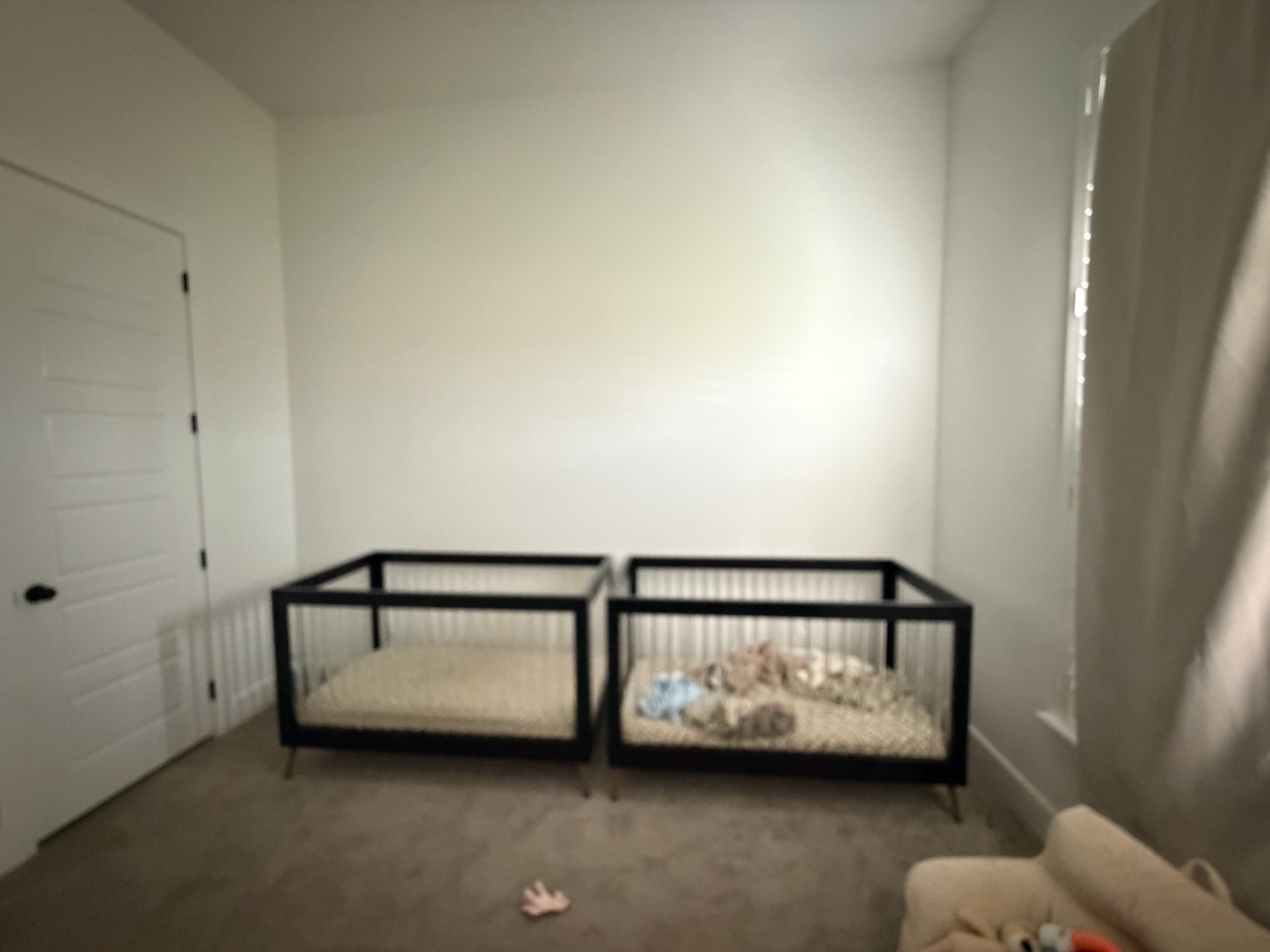 Before shot! Idk if my nesting energy is just on overdrive or what but I decided my other three boys needed some upgrades to their room as well! Two cribs for the twins on this wall (third toddler bed on the opposite wall). Stay tuned for the overhaul — under construction 🚧 

Also tagged is my first crib!