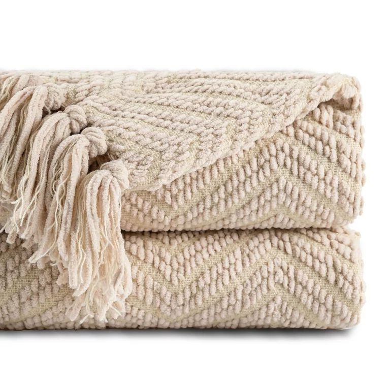Battilo Beige Throw Blanket for Couch, Textured Knitted Throw Blanket with Tassels, Couch Cover B... | Walmart (US)