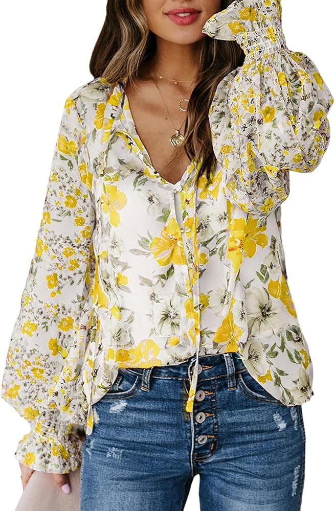 Biucly Women's Casual Boho Floral Print V Neck Long Sleeve Drawstring Tops Loose Blouses Button D... | Amazon (US)