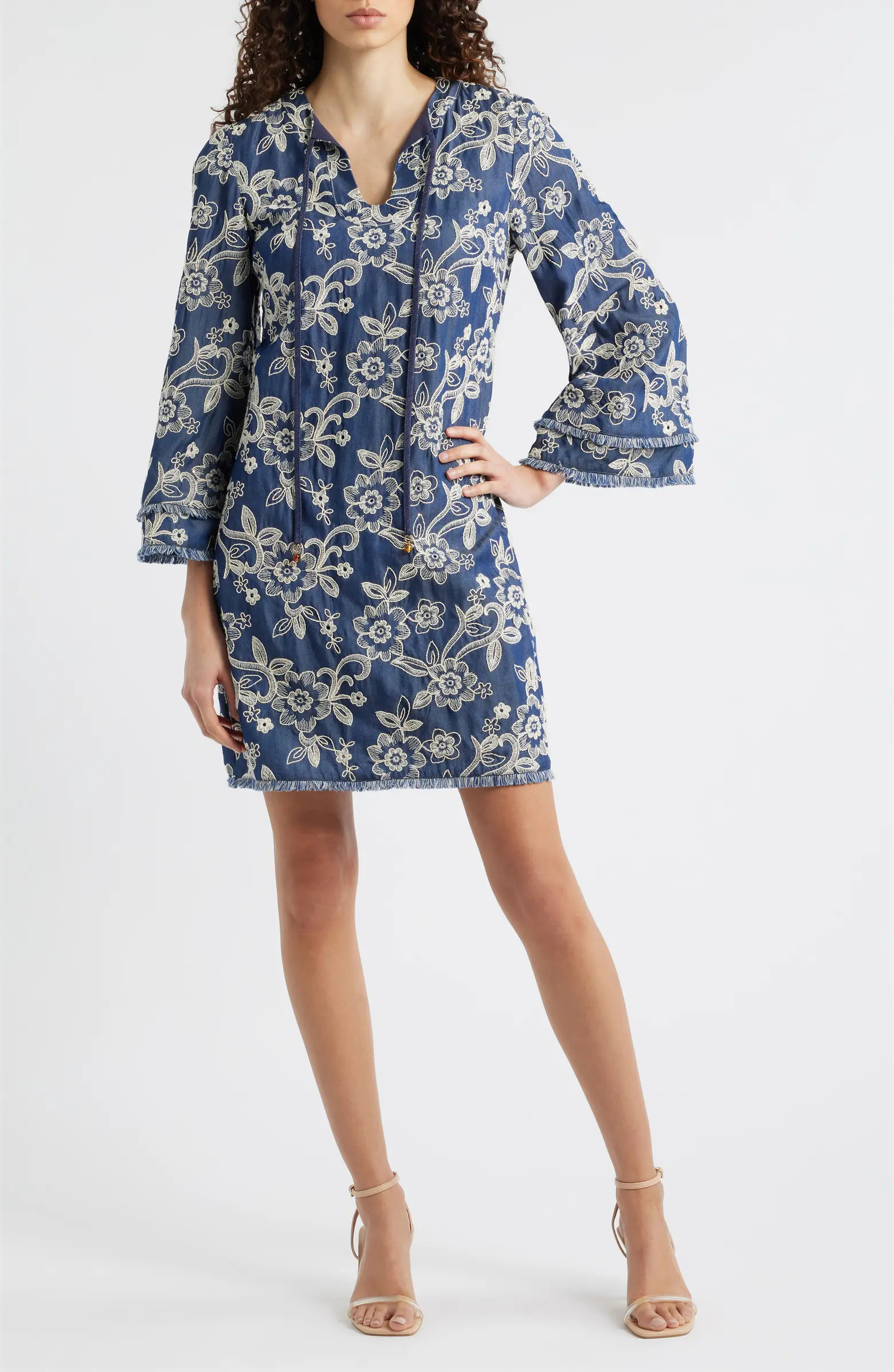 Floral Embroidered Split Neck Shift Dress | Nordstrom