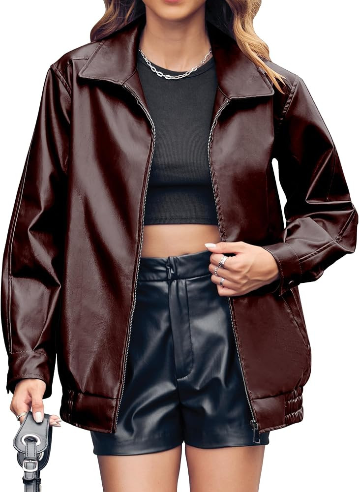 Miladusa Womens Oversized Leather Jackets Faux Casual Zip Up Trendy Bomber Motorcycle Jacket with... | Amazon (US)