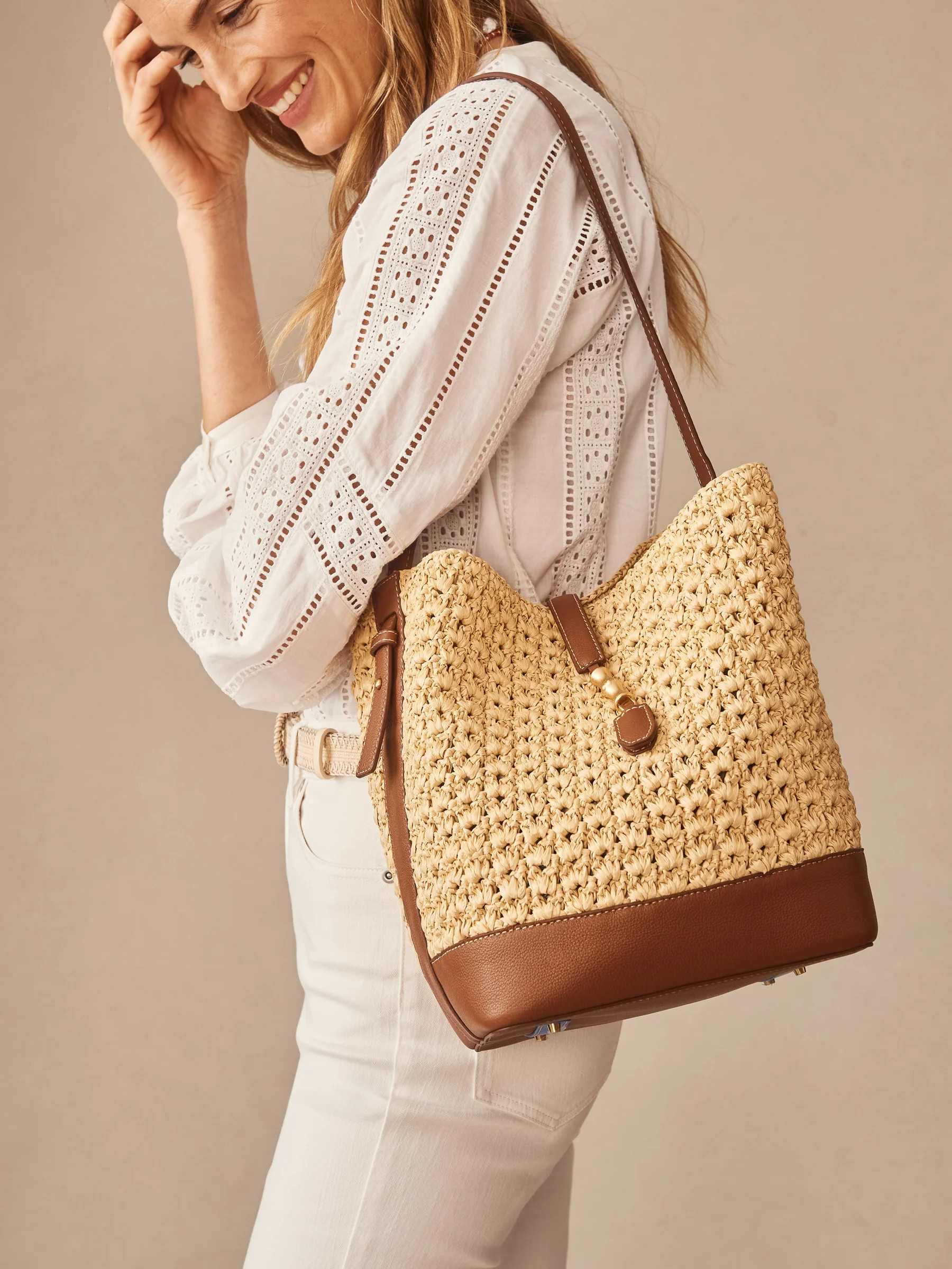 Natural/Saddle Solid Crawford Raffia Handbag | Women's Handbags | J.McLaughlin | J.McLaughlin