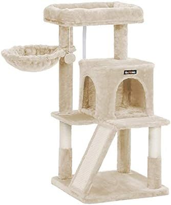 FEANDREA Cat Tree, Cat Tower with Large Perch, Basket, Cat Condo with Scratching Board, Beige UPC... | Amazon (US)