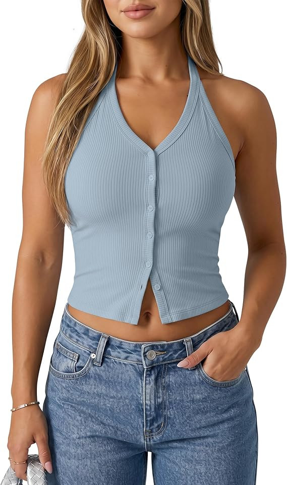 G4Free Ribbed Halter Crop Tank Tops Backless Going Out Camisoles Open Back Y2K Slim Fit Cropped C... | Amazon (US)