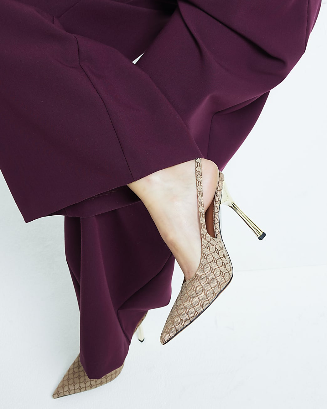 Beige monogram sling back heeled court shoes | River Island UK & IE