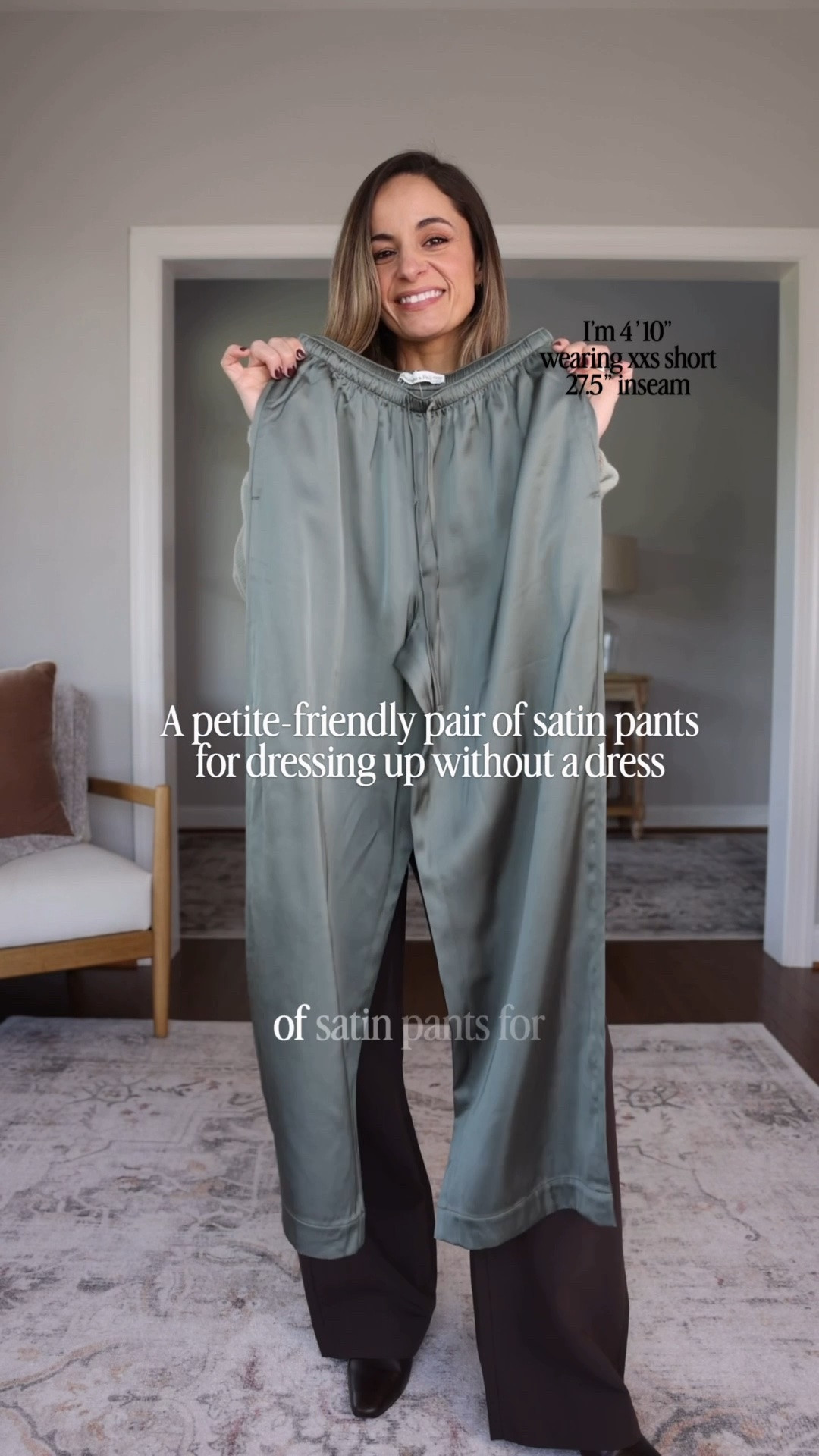 I found a great pair of satin pants! Love these for the holiday season but they could even be dressed up for work if you’re feeling adventurous (of course dress code dependent). 

27.5” inseam in short and true to size, I’m wearing xxs short wearing in olive gray
Top: xxs
Sweater: xxs 

For size comparison, I’m 4’10” 105lbs. My measurements are 32”, 24”, 36”. I typically wear petite xxs/00/24 and have a 25” ankle inseam and a 27.5-28” full length inseam.

#LTKPetite