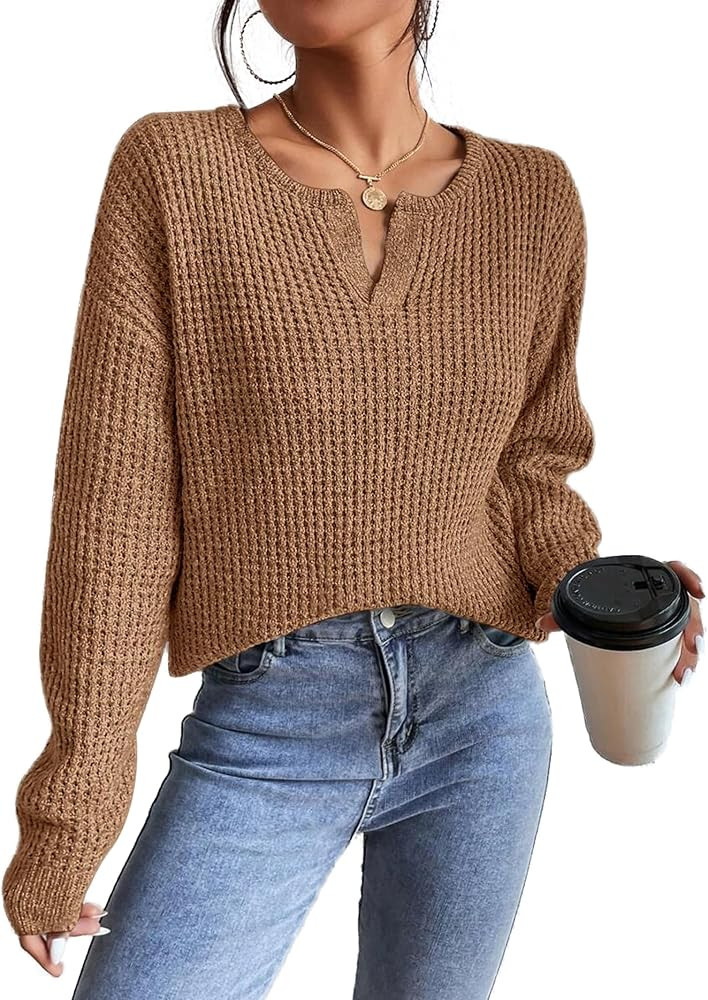 Womens Oversized Sweaters Casual Drop Shoulder Long Sleeve V Neck Pullover Tops Trendy Fall Fashi... | Amazon (US)
