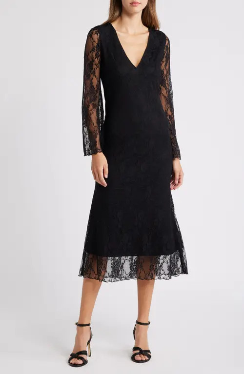 Loveappella Bell Lace Overlay Long Sleeve Midi Dress in Black at Nordstrom, Size Large | Nordstrom