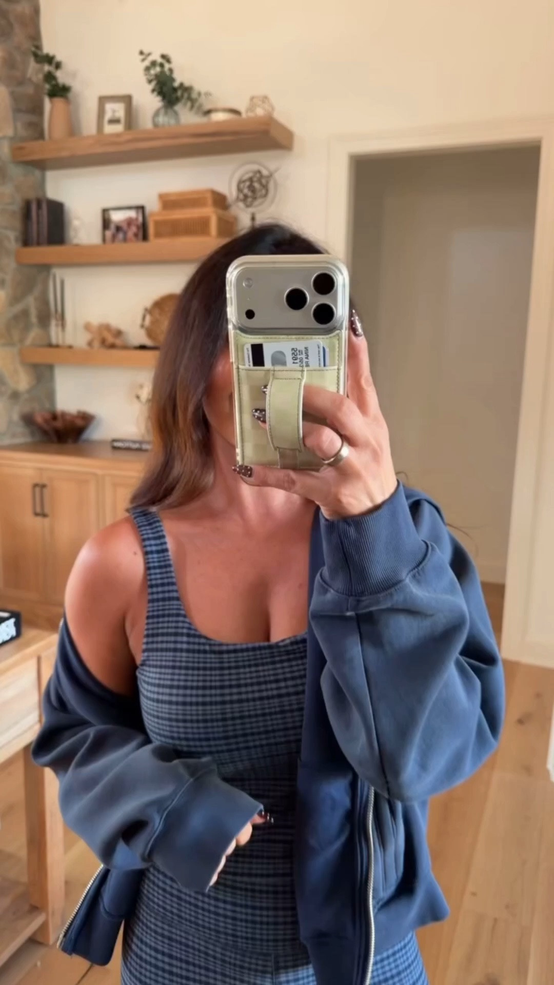 The cutest casual fall athleisure look 💙🍂 This blue plaid fitted jumpsuit is SO flattering and easy to style! I paired it with an oversized navy zip-up hoodie and white sneakers for the perfect comfy everyday outfit. Such a cute look for running errands, travel days, school drop-off, or a casual weekend! Everything is linked below! 👟✨