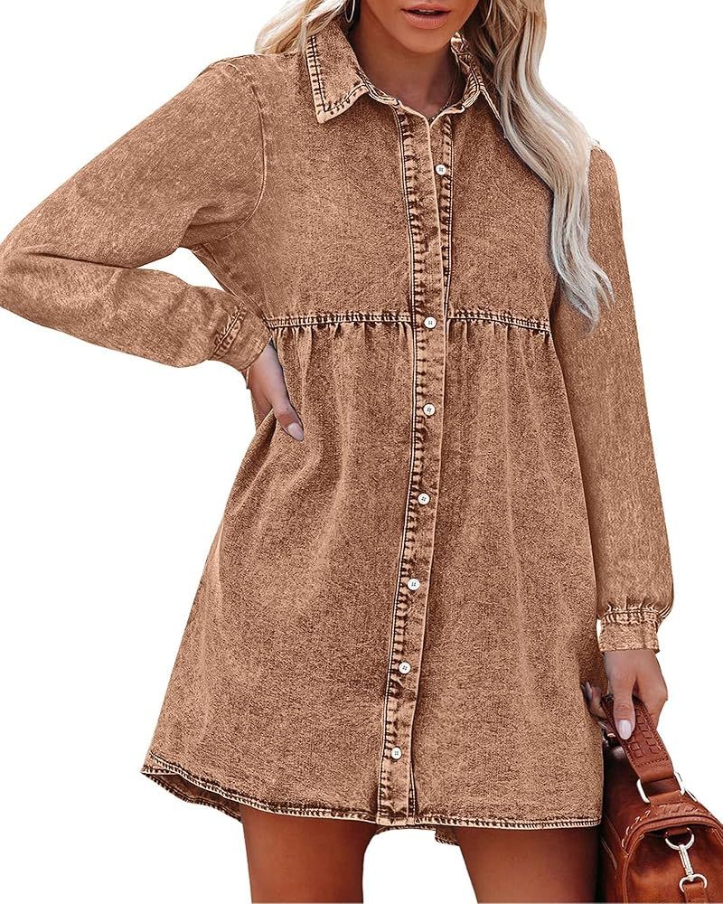 luvamia Denim Dress for Women Babydoll Flowy Cute Jean Shirt Dresses Long Sleeves | Amazon (US)