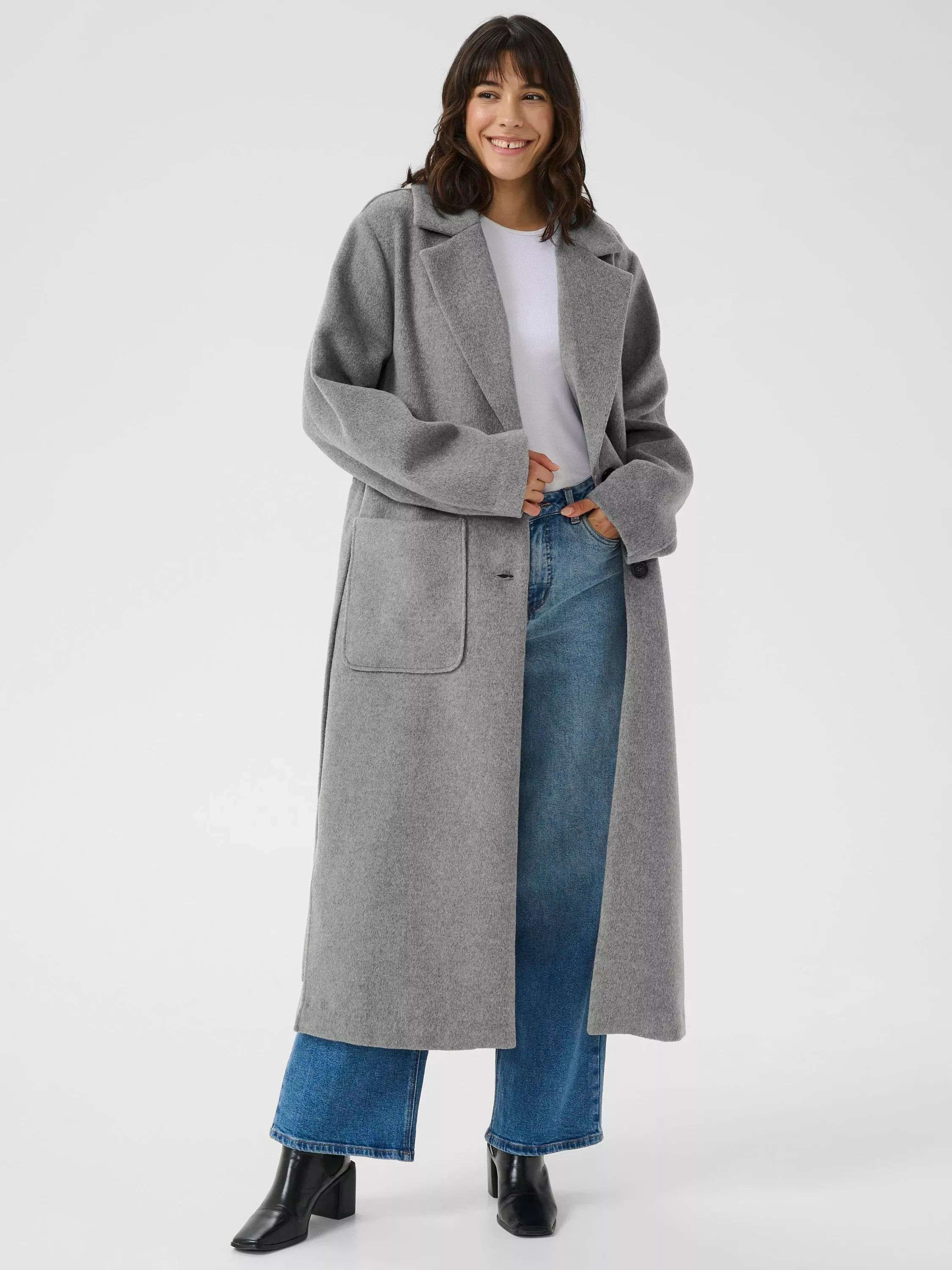 KAFFE Elona Longline Coat, Mid Grey | John Lewis (UK)