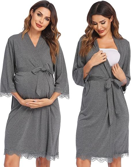 Ekouaer Maternity Robe - Labor and Delivery Nursing Bathrobes Striped Lace Trim Kimono Nightgown | Amazon (US)