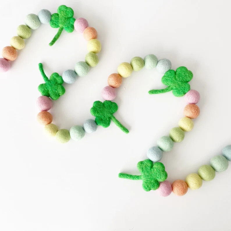 Pastel Rainbow Shamrock Felt Ball Garland | Felt Shamrocks | St Patricks' Day Garland | St Patric... | Etsy (US)