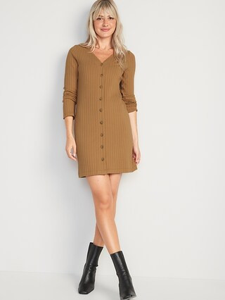 Long-Sleeve Rib-Knit Button-Front Mini Shift Dress for Women | Old Navy (US)