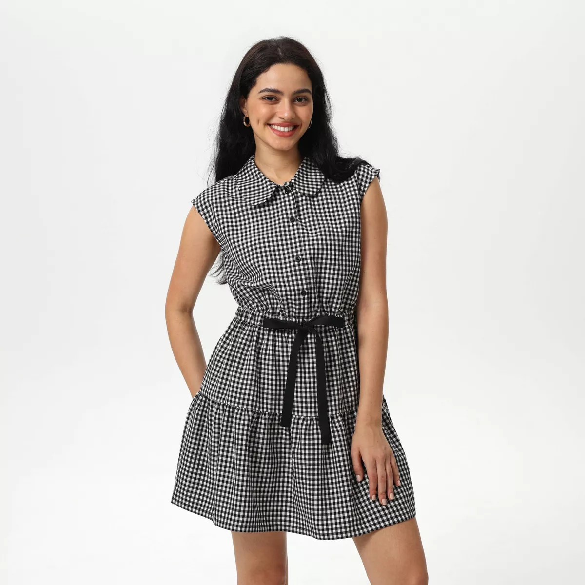 Women's Mini Cap Sleeve Elastic Waistband Mini Dress - Wild Fable™ Black Gingham | Target