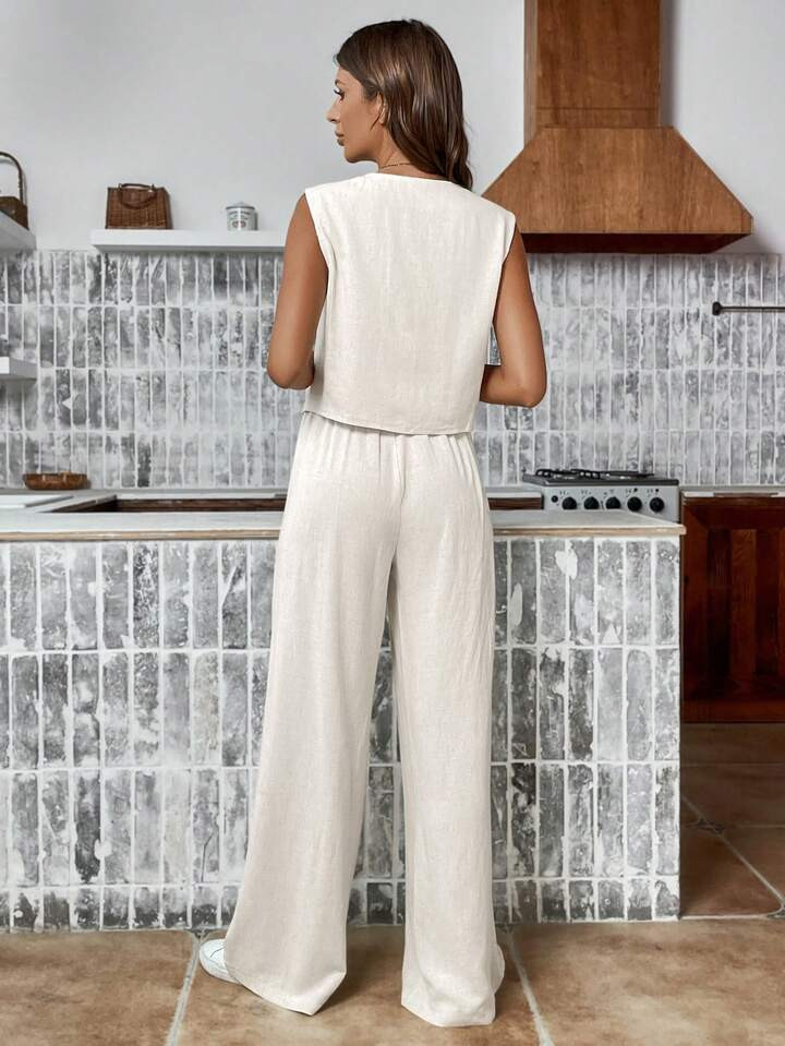 SHEIN Frenchy Button Front Tank Top & Wide Leg Pants | SHEIN