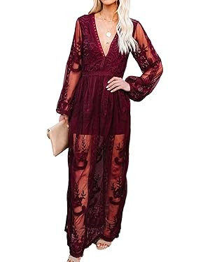 Womens Deep V Neck Short Sleeve Floral Lace Dress Long Bridesmaid Maxi Dresses | Amazon (US)