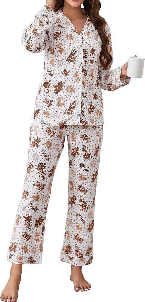 LUBOT Christmas Pajamas 100% Cotton Womens Pajamas Set 2 Piece Soft Button-Down Xmas PJs Set Slee... | Amazon (US)