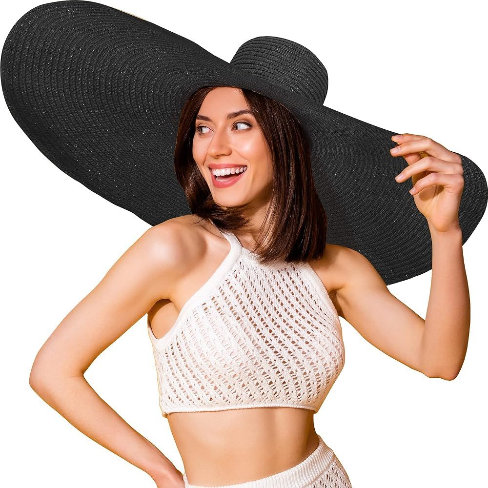 Oversized Straw Sun Hats for Women UPF50+, Floppy Beach Hats for Women UV Protection, Wide Brim Packable Sun Hat Women | Amazon (US)