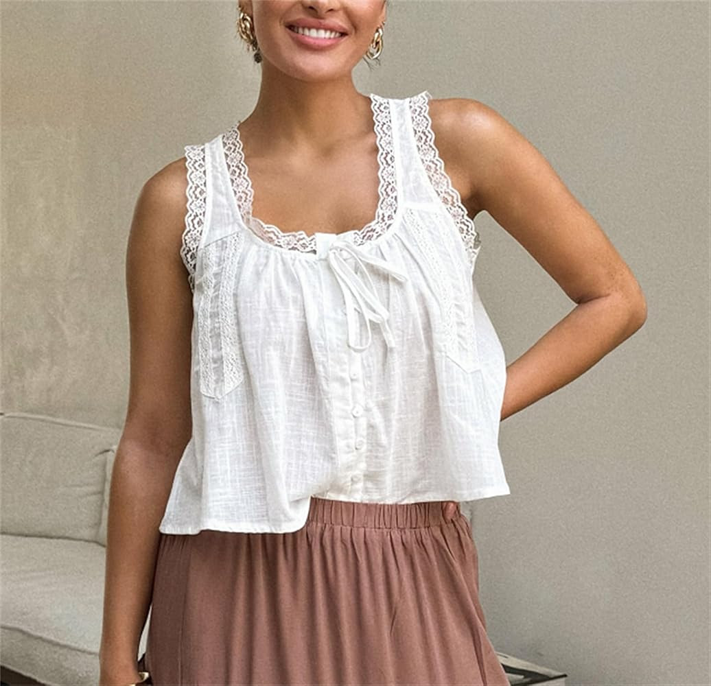 Women Summer Boho Lace Tank Top Vest Tie Front Vacation Beach Cami Tops Sleeveless Button Down Ca... | Amazon (US)
