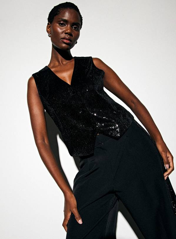 Black Sequin Embellished Sleeveless Waistcoat 8 | Tu Clothing