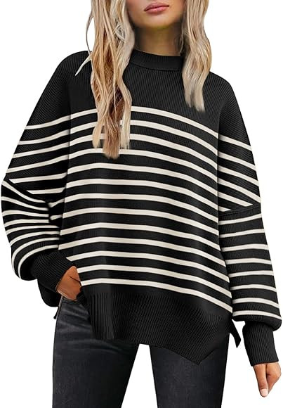 LILLUSORY Women's Crewneck Batwing Long Sleeve Sweater 2023 Fall Oversized Ribbed Knit Side Slit Pul | Amazon (US)