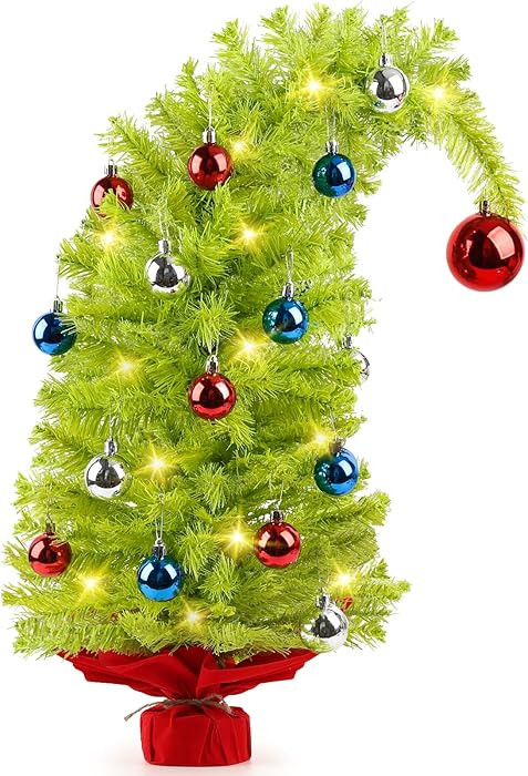 MACTING Mini Christmas Tree with 40 Lights, 2 FT Whimsical Curved Plastic Tree with Red Ball Top ... | Amazon (US)