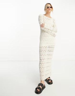 Stradivarius open crochet maxi dress with open back detail in ecru | ASOS (Global)