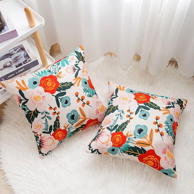 KWLET Decorative Floral Pillow Covers 20 x 20, Summer Farmhouse Pillow Covers Orange Pink Green D... | Amazon (US)