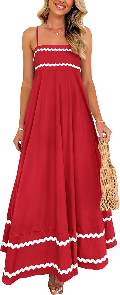 PRETTYGARDEN Women's 2025 Summer Flowy Maxi Dress Casual Sleeveless Spaghetti Strap Ruffle Beach ... | Amazon (US)