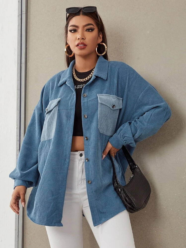 Plus Button Front Flap Pocket Corduroy Coat | SHEIN