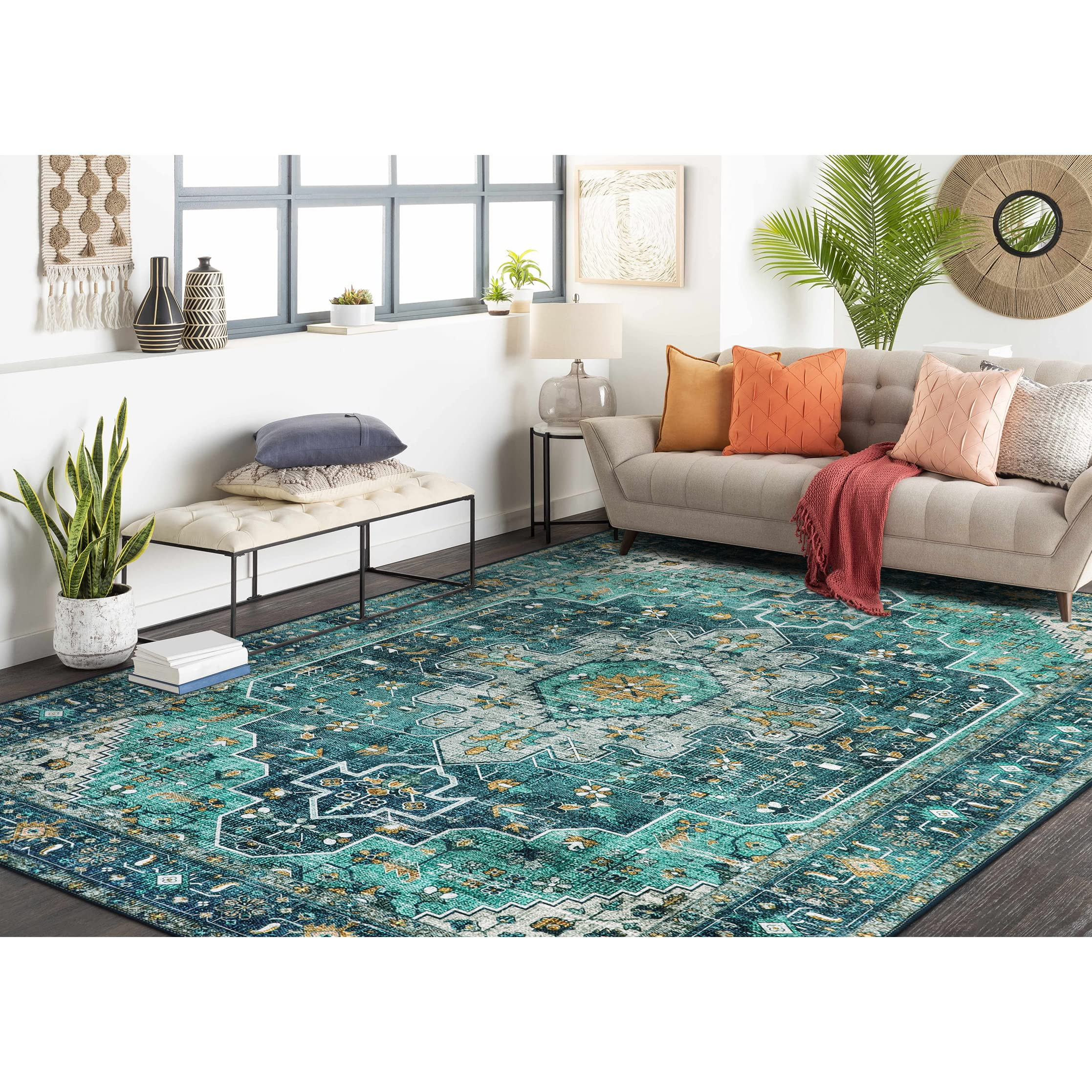 Moynesa Ultra-Thin Washable Vintage Area Rug - 6x9 Teal Large Dining Room Rug for Bedroom, Non-Sh... | Amazon (US)