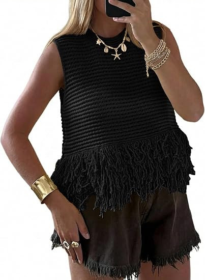 Saodimallsu Womens Crochet Crop Tank Tops Sleeveless Fringe Crew Neck Trendy Boho Knit Summer Swe... | Amazon (US)