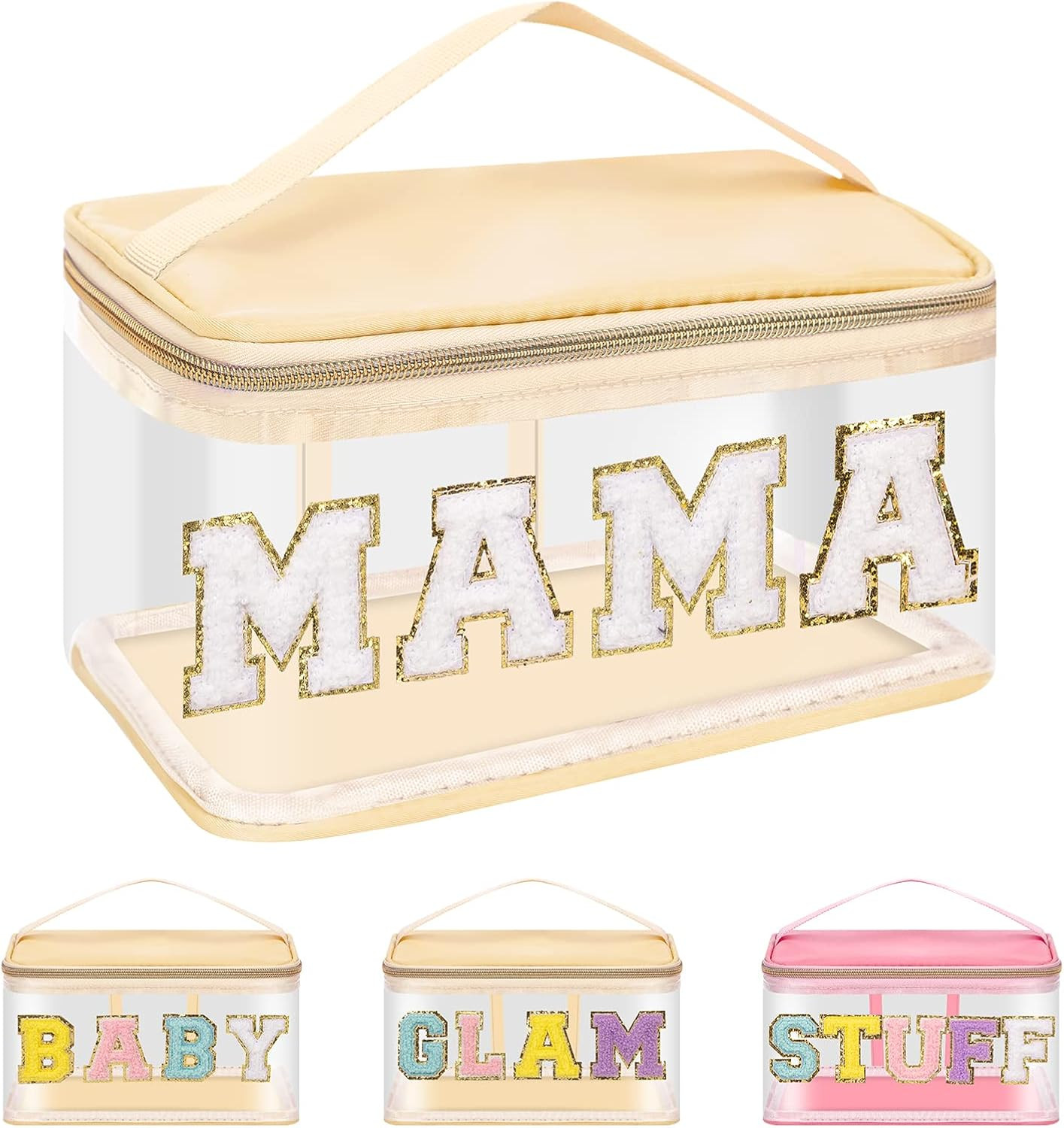 Preppy Clear Makeup Cosmetic Bag for Women Travel, Nylon PVC Chenille Glitter Letter Toiletry Sto... | Amazon (US)