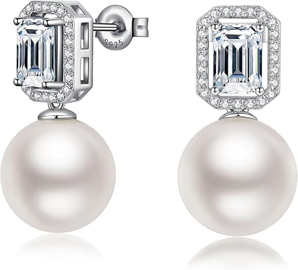 12MM White Artificial Pearl Earrings for Women Sterling Silver Halo Stud Earrings Created Emerald... | Amazon (US)