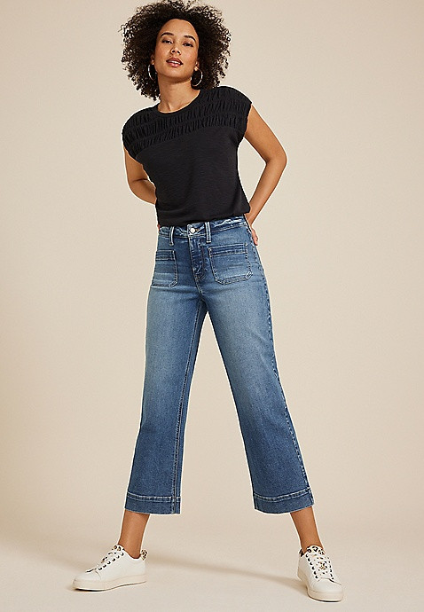 m jeans by maurices™ High Rise Patch Pocket Wide Leg Cropped Jean | Maurices