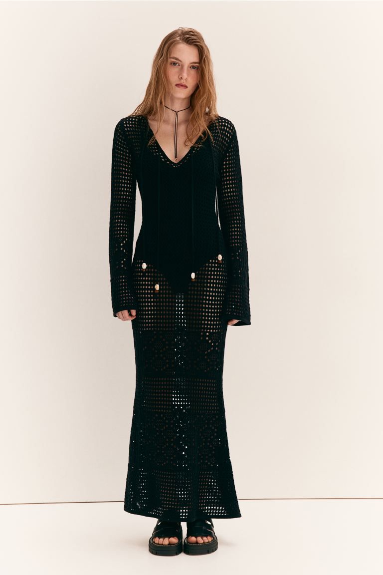 Hole-knit Dress with Beaded Ties - Black - Ladies | H&M US | H&M (US + CA)