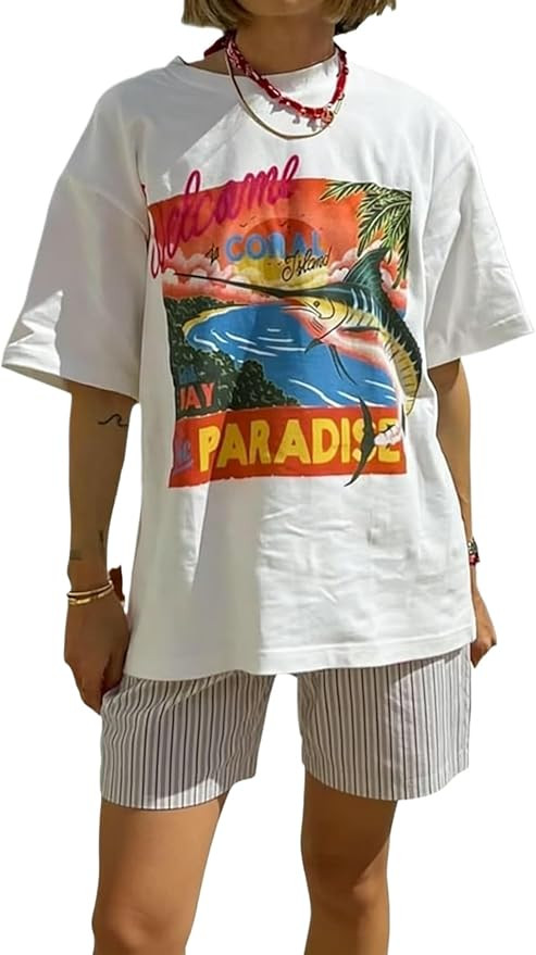 Cute Strawberry Beach Shirts Oversized Graphic Tees Women Short Sleeve Y2k Summer Tops 2000s Aest... | Amazon (US)