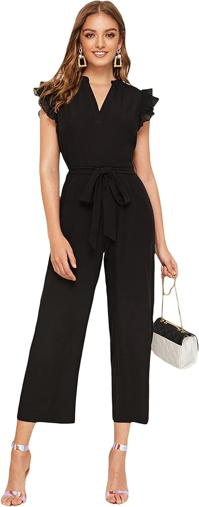 WDIRARA Women's Layered Ruffle Cap Sleeve Notched V Neck Belted Jumpsuit Pants | Amazon (US)