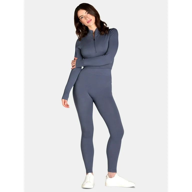 No Boundaries Seamless Half Zip Mock Neck Top and Leggings Set, 2-Piece, Women's | Walmart (US)