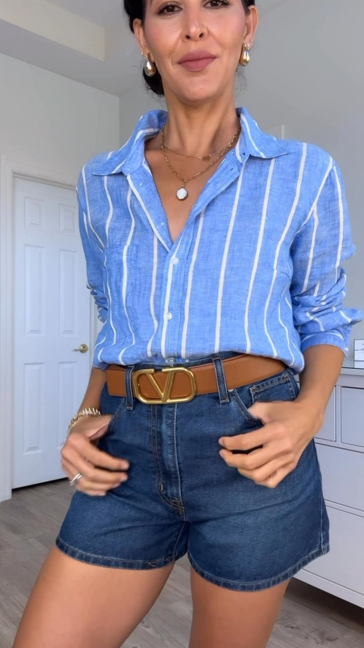 Shirt style tip. Wearing a size L in shirt. 27 in shorts, for a relaxed fit. Valentino belt is reversible black/brown 1.7”. 
Shorts are on sale! Lipstick is rosy mauve. 
I’m 5’7”| 126 pounds 
Fall out, casual outfits style tips

#LTKVideo 

#LTKFindsUnder100 #LTKSaleAlert #LTKSeasonal
