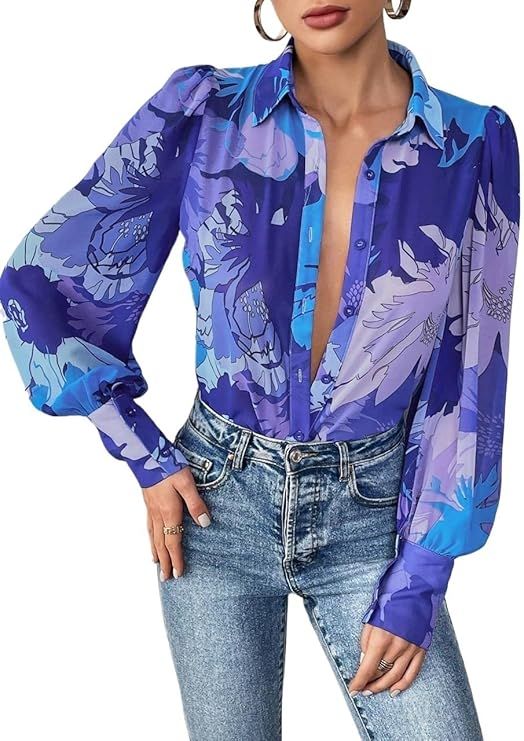 Tops for Women 2024 Floral Print Button Front Shirt Fashion Long Sleeve Top | Amazon (US)