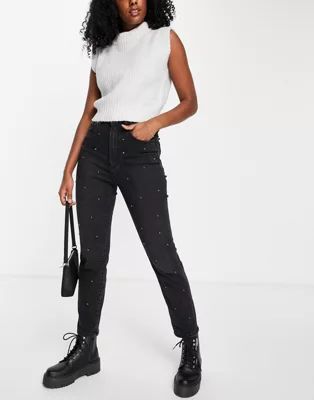 Stradivarius slim mom jean with diamante in black | ASOS (Global)