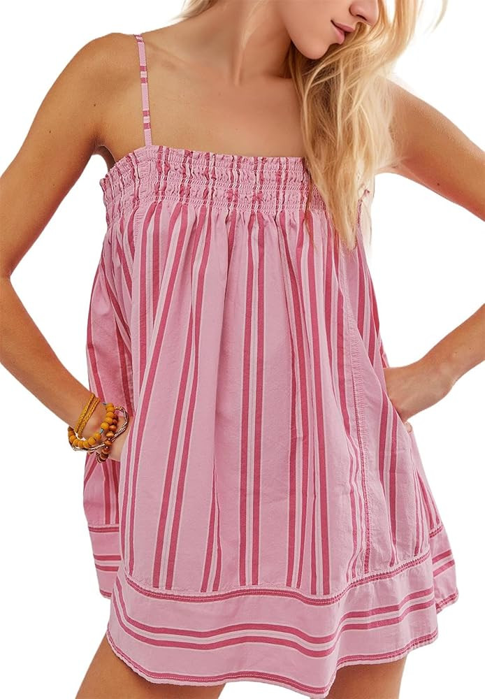 Women Summer Sleeveless Striped Tunic Tank Top Smocked Ruffle Hem Peplum Tops Square Neck Camisol... | Amazon (US)