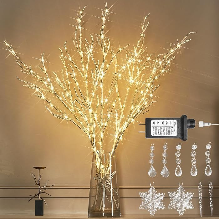 Lighted White Twig Branches 32IN 200 LED Fairy Lights Plug in with Timer and Dimmer, Artificial T... | Amazon (US)